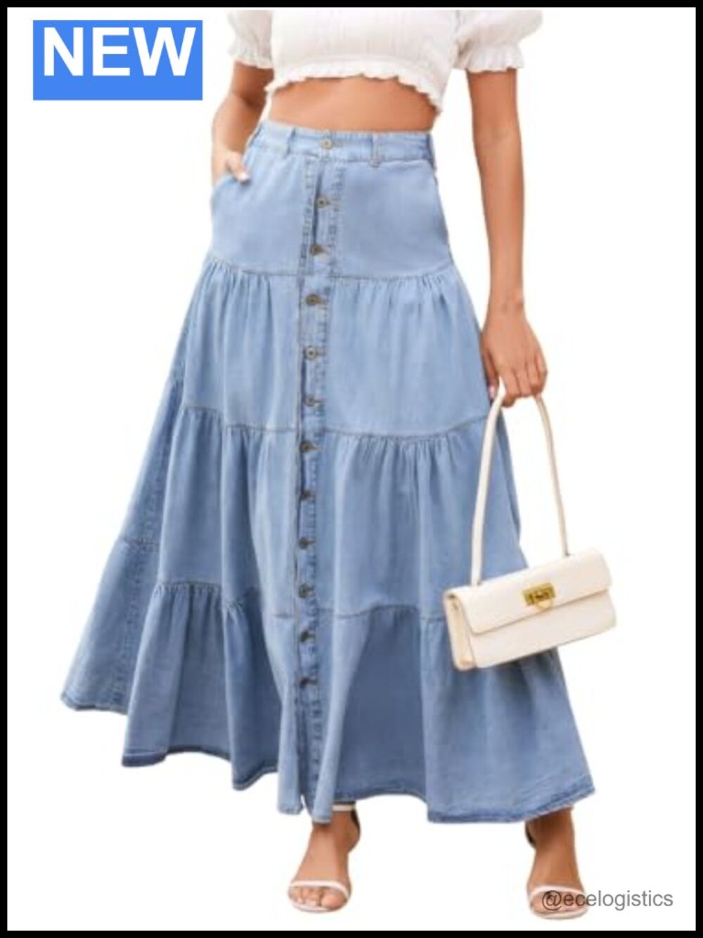 Tiered Button Down Denim Maxi Skirt, High Elastic Waist Pleated A-Line